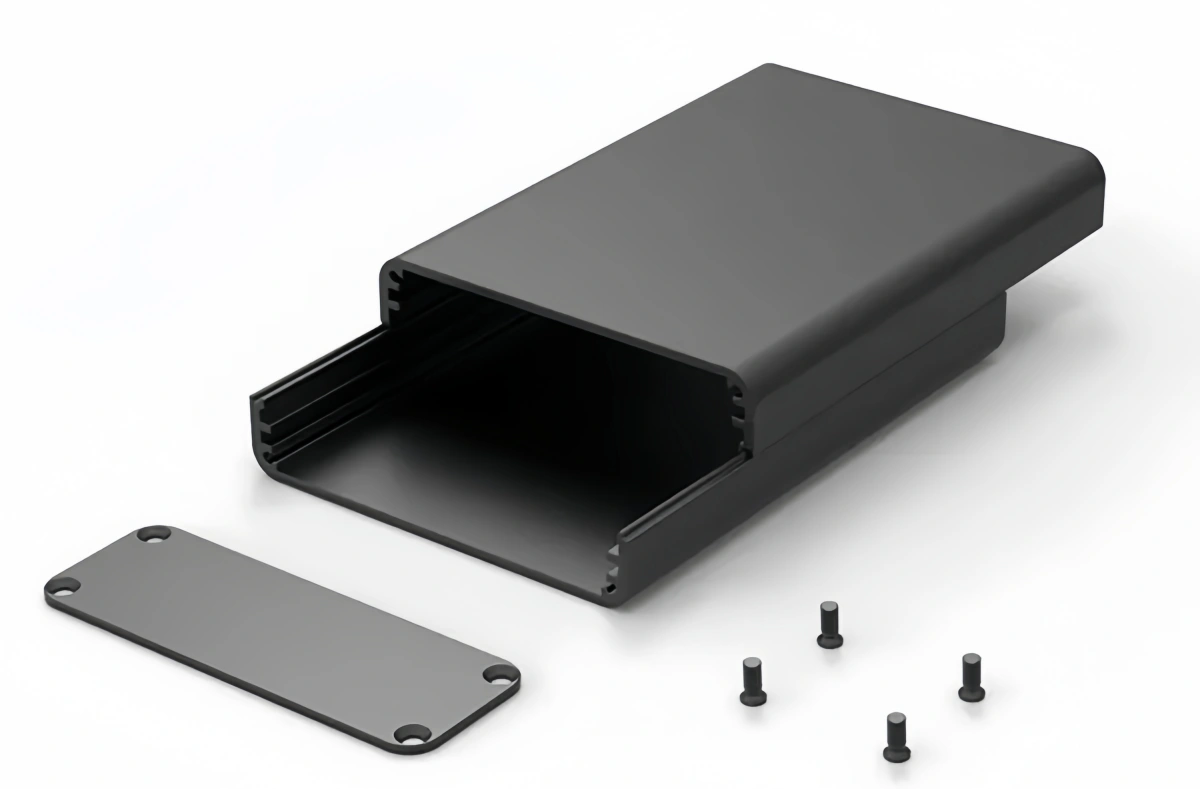A black anodized aluminum extrusion enclosure