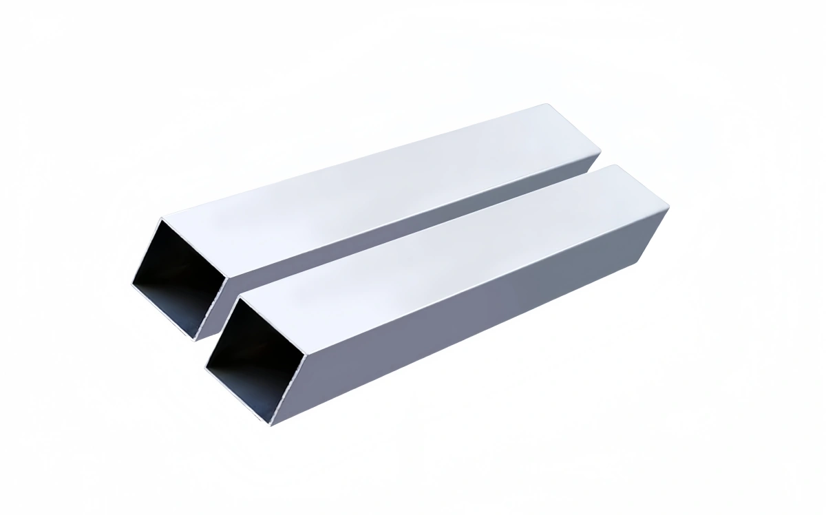 A shiny aluminum extrusion square tube on display