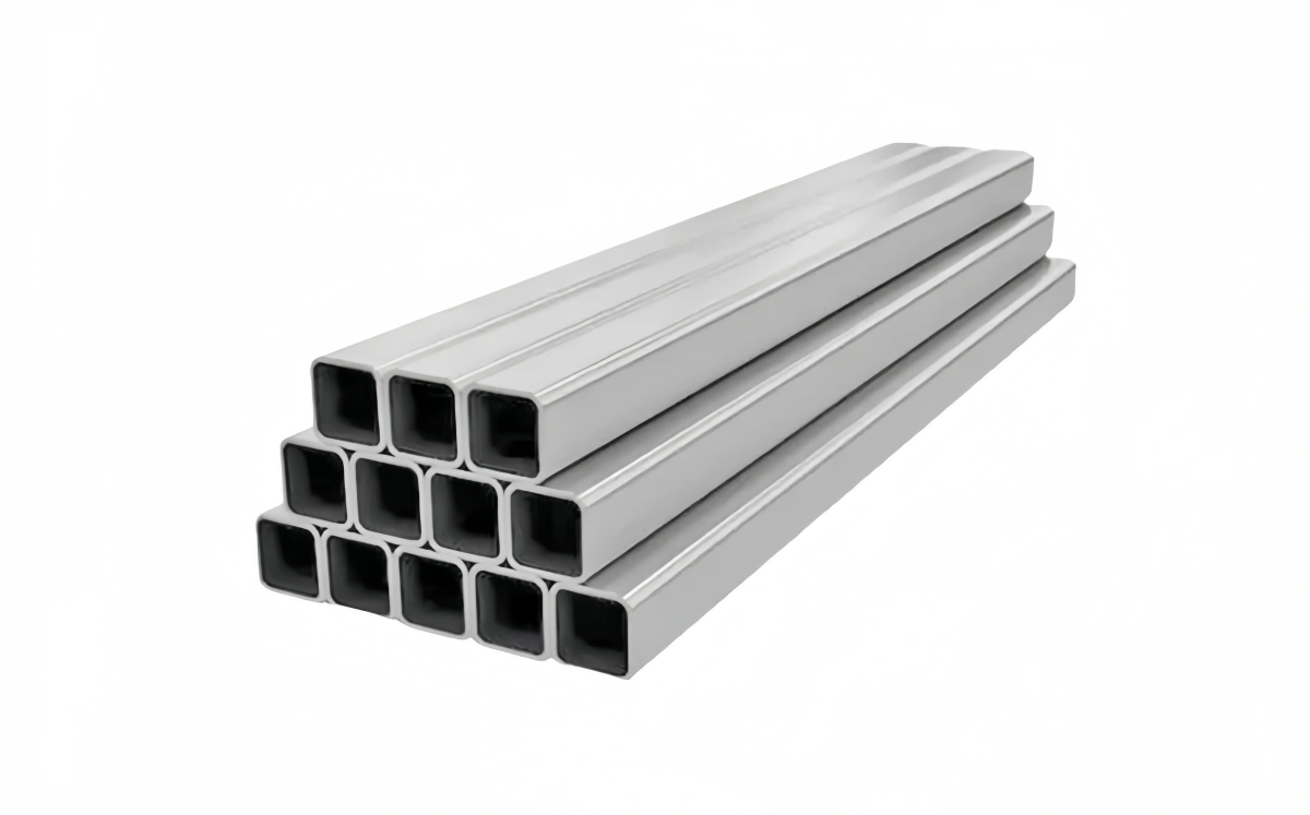 Finished square aluminum extrusion profiles stacked neatly